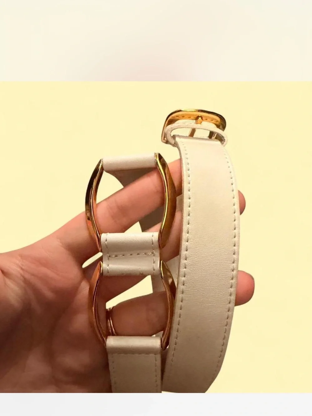 Christian Dior Cream Leather Belt with Gold Double-Link Buckle
